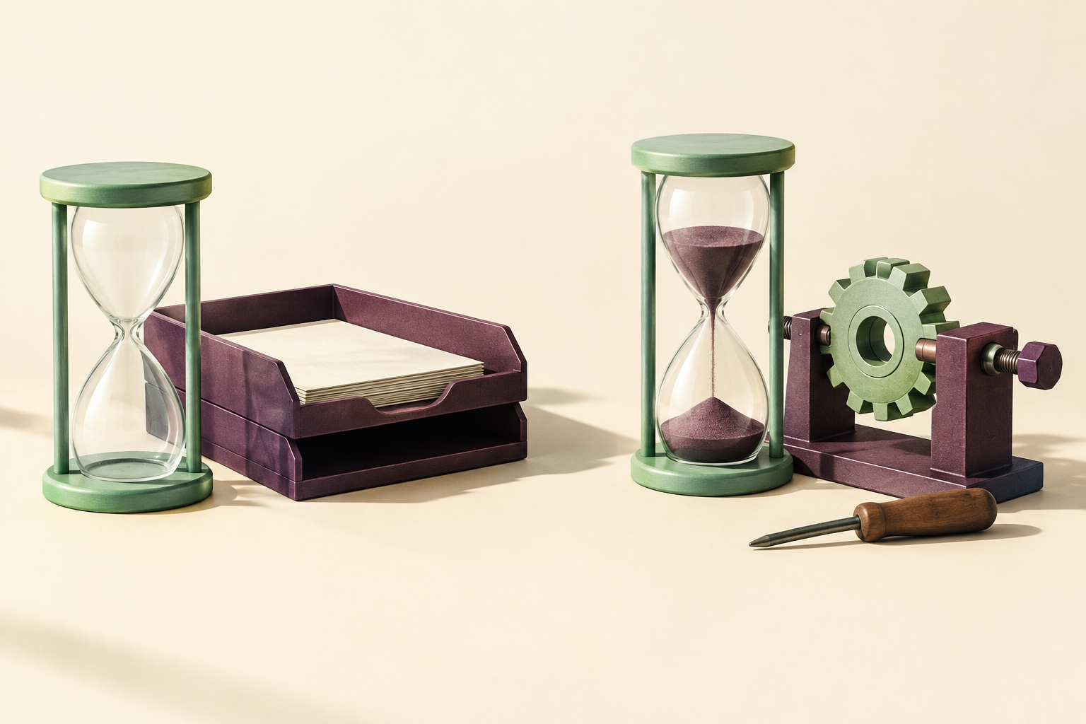 An empty hourglass beside a dispatch tray and a running hourglass beside a cog in a repair jig.