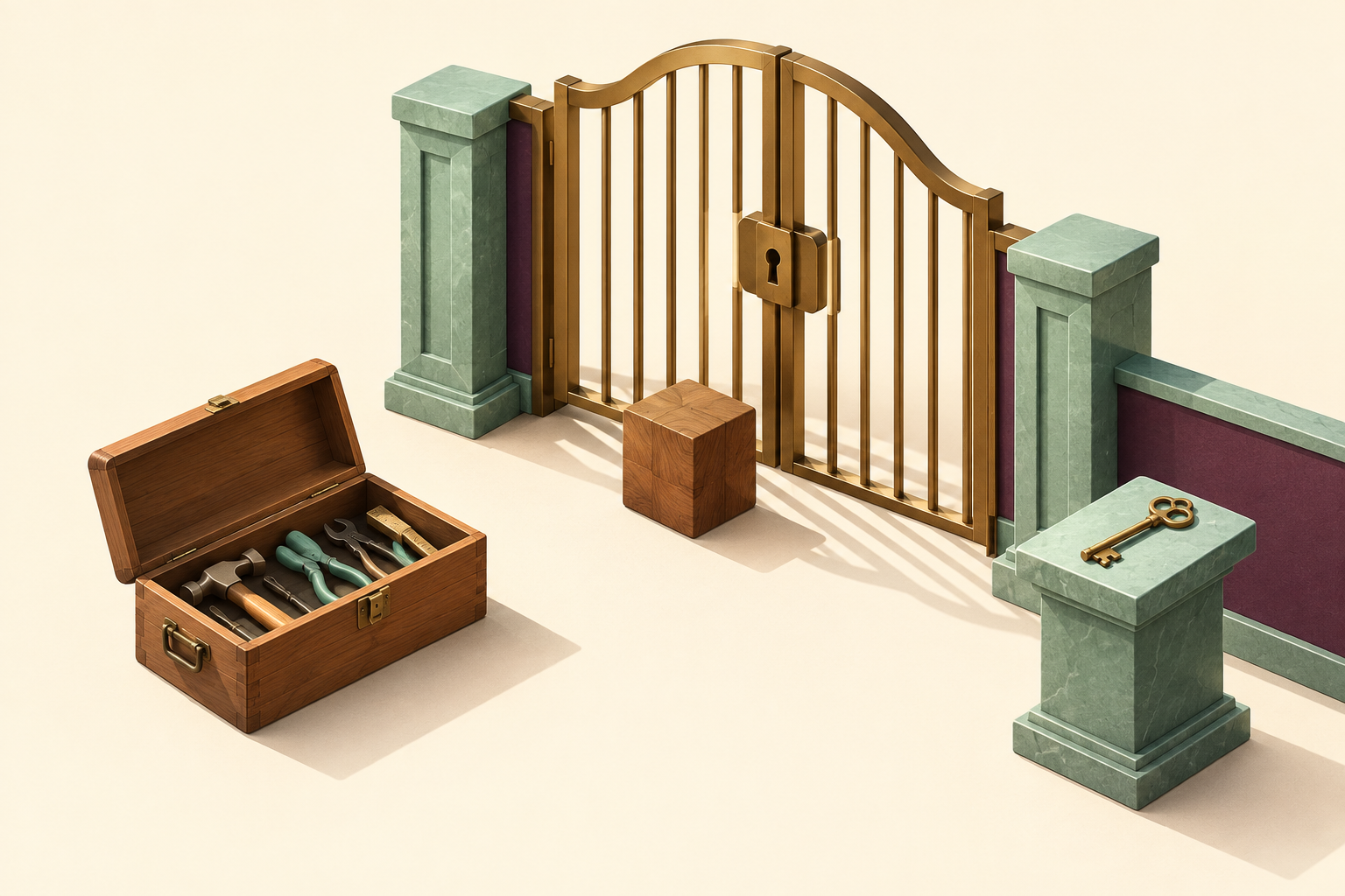 A wooden cube before a closed brass gate, with a key on a separate pedestal and an open toolbox nearby.