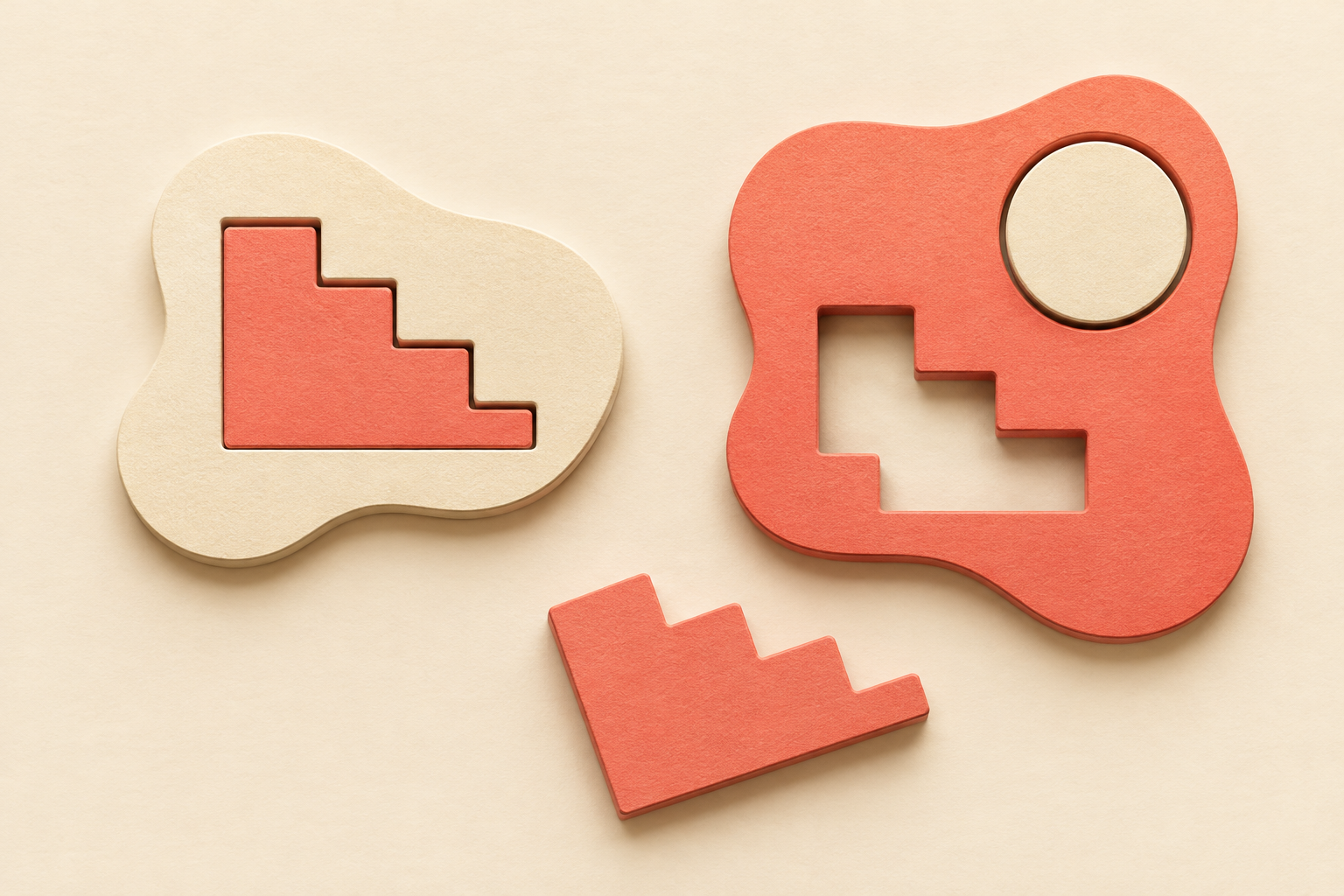 Two paper puzzle bases: a cream base with a fitted insert and a coral base with one filled recess and one empty recess.