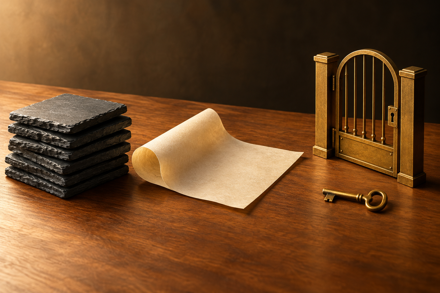 Slate tiles, curled blank vellum, and a closed brass gate with a separate key on a wooden surface.