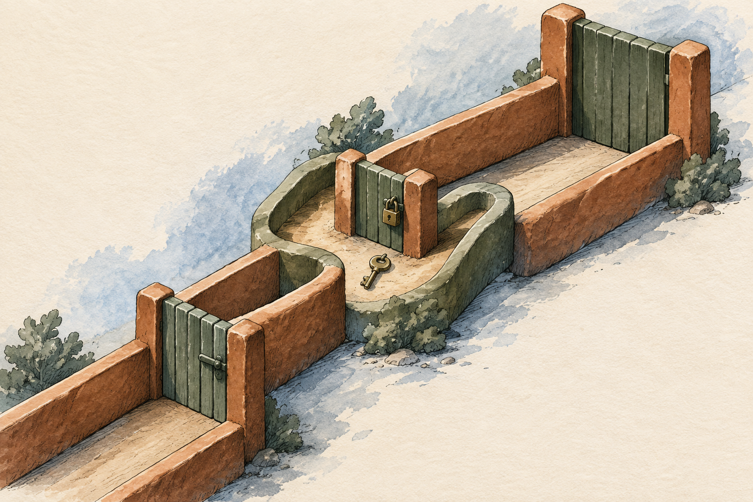 Clay passage with a locked side route around one gate and an unavoidable gate beyond it.