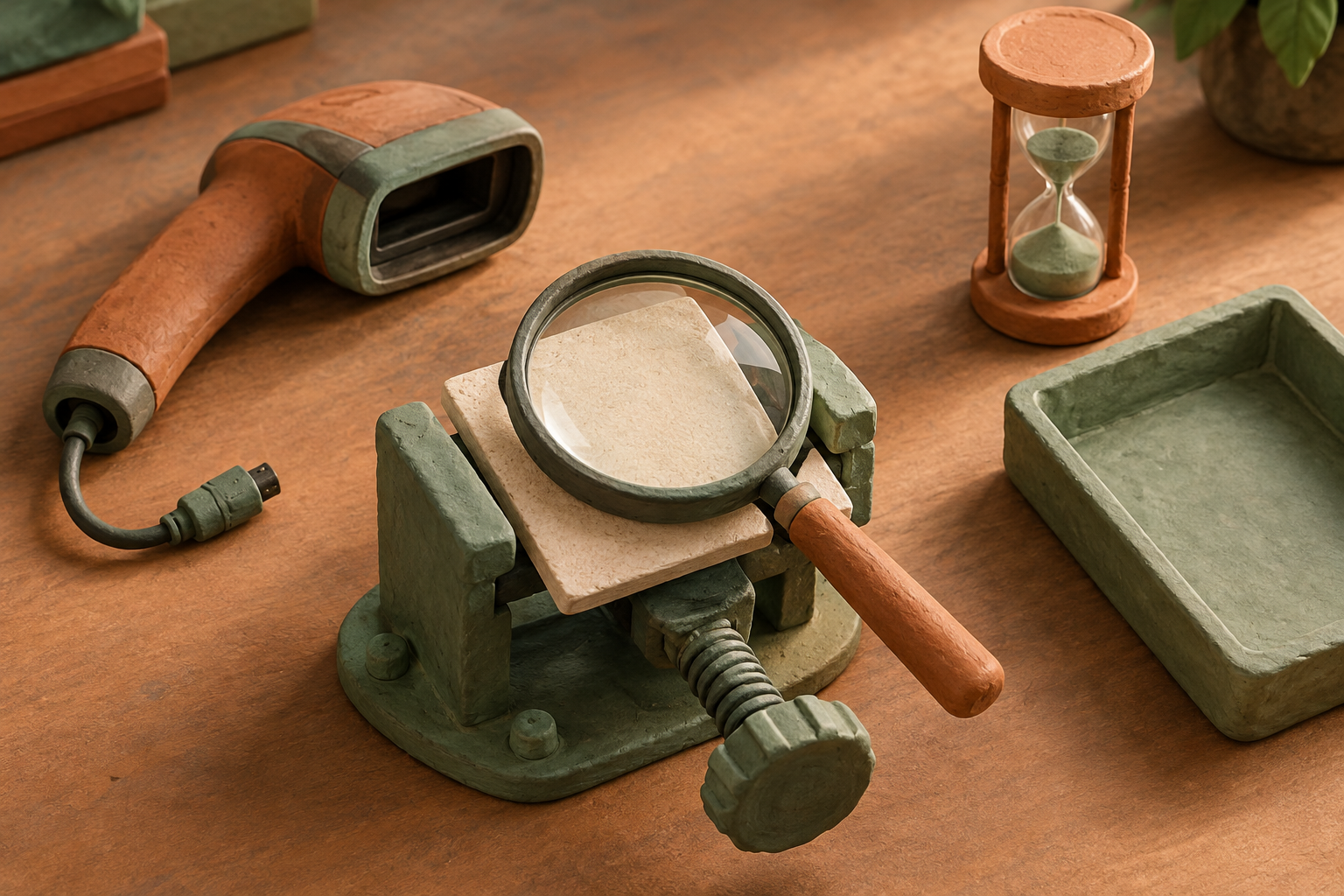 Disconnected scanner beside a clamped tile, magnifying glass, empty tray, and hourglass.