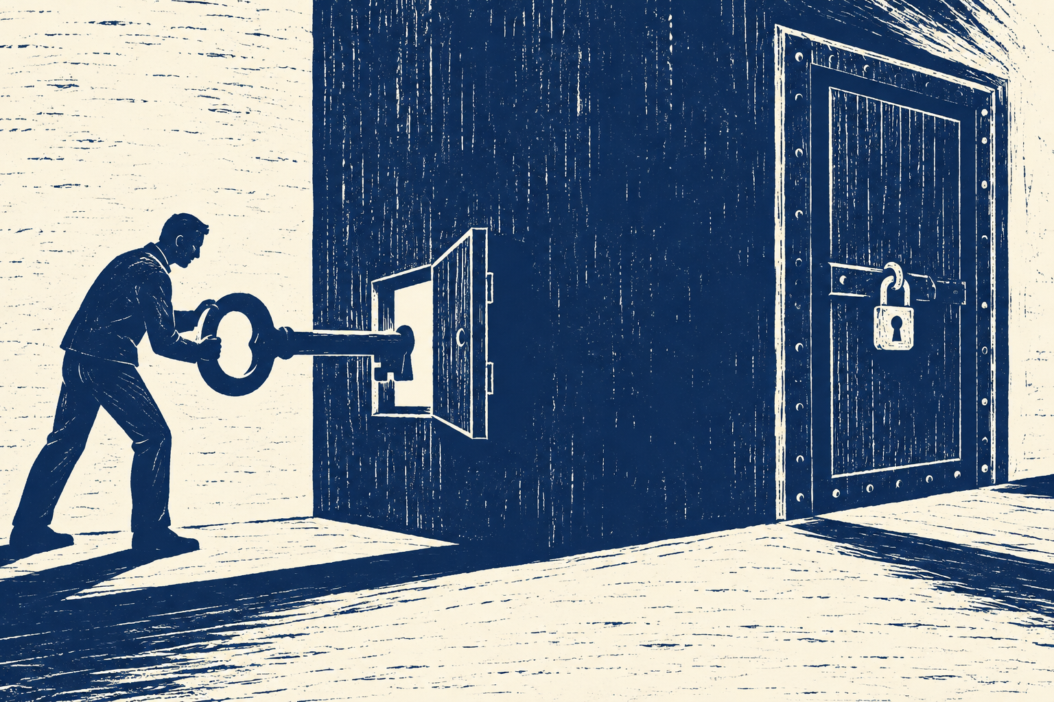 A key opens a small inspection hatch beside a separate locked door, rendered in indigo woodcut.