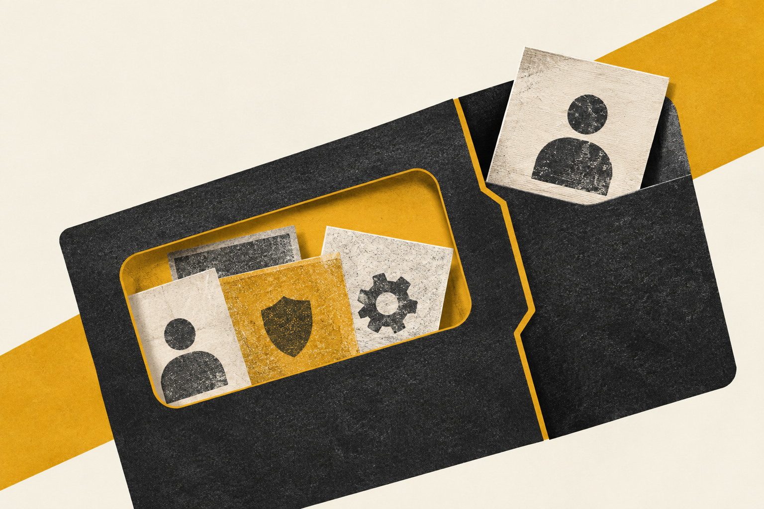 Textured slips sit inside a charcoal pocket; a mustard window frames some while another remains outside its opening.
