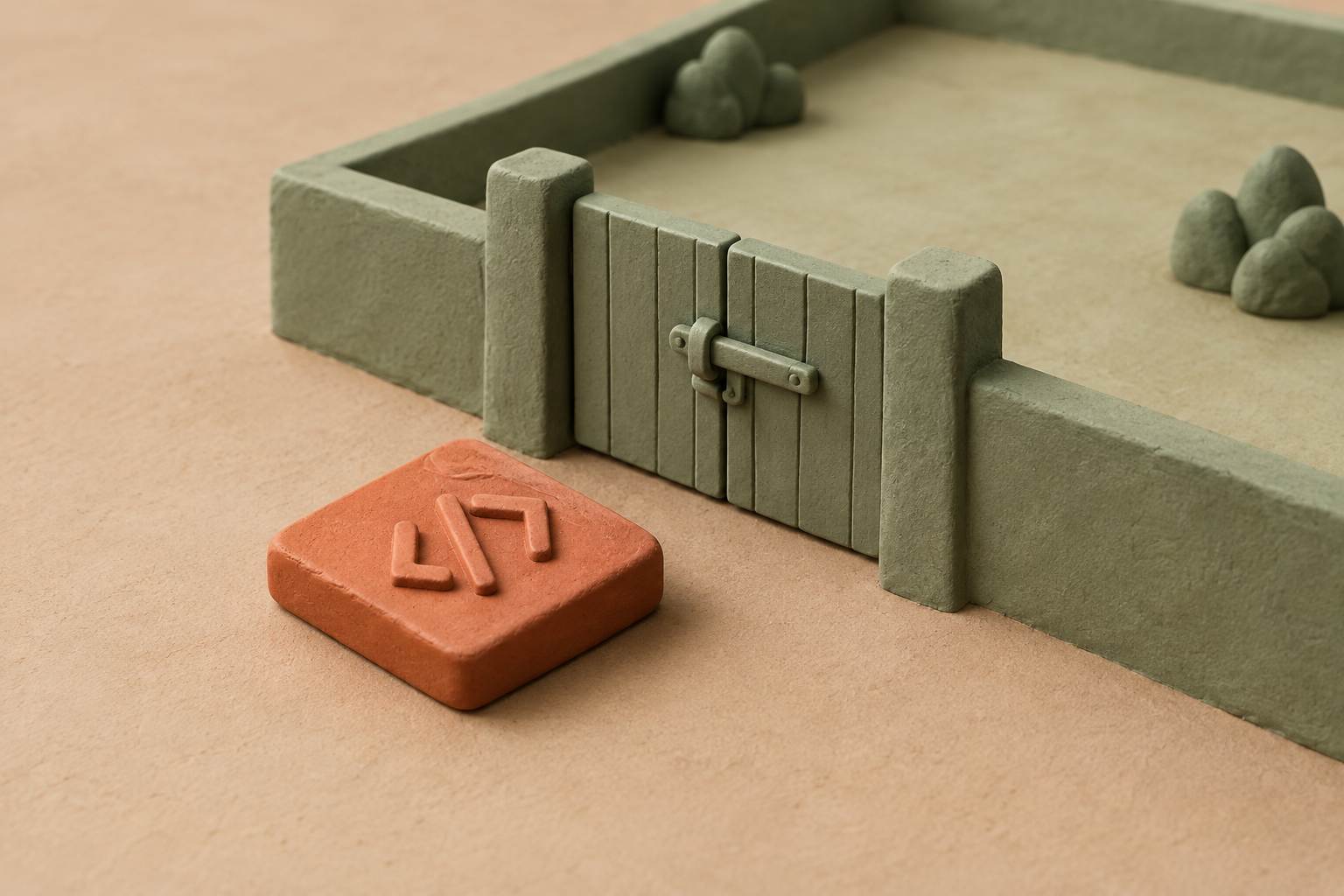 A terracotta tile waits outside a closed sage gate surrounding a small enclosed platform.