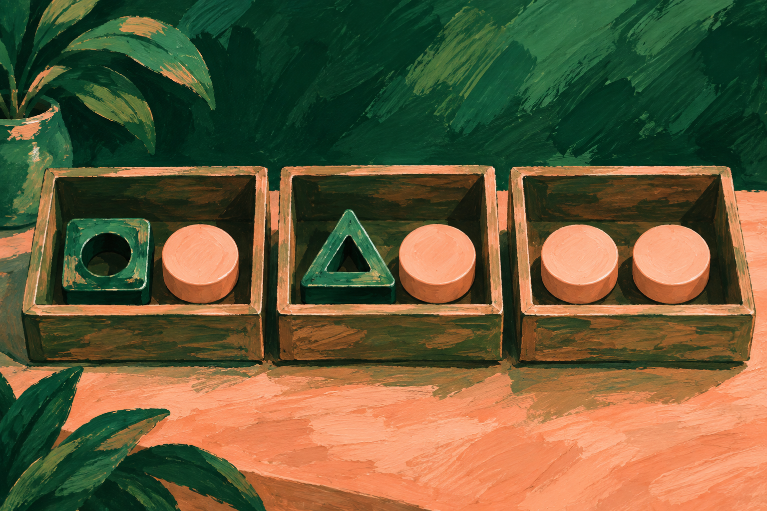 Cutout tokens sit beside matching peach blocks in two compartments; a third holds only identical peach blocks.
