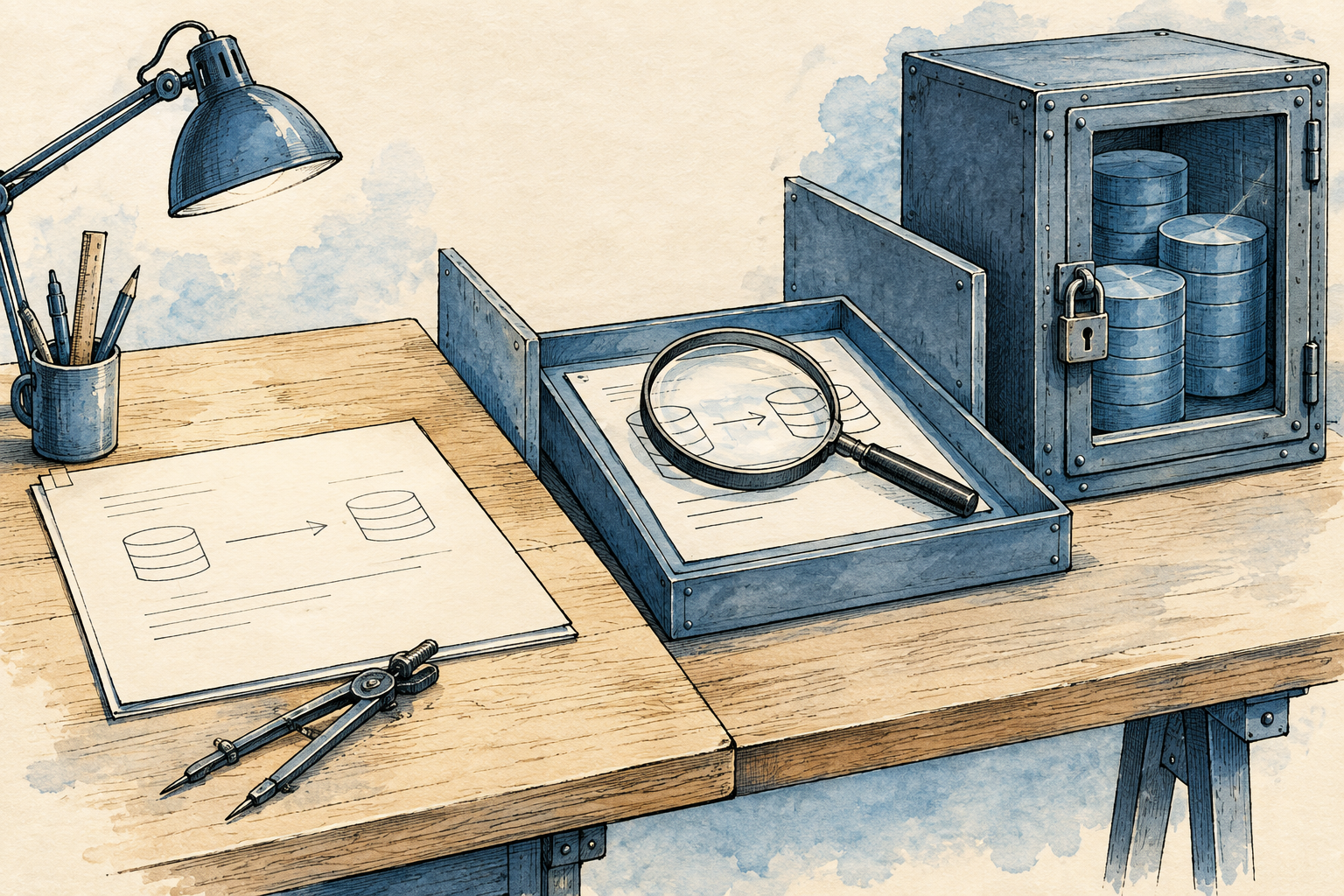 Blank proposal sheets and a magnifying lens sit outside a locked enclosure containing stacked cylinders.