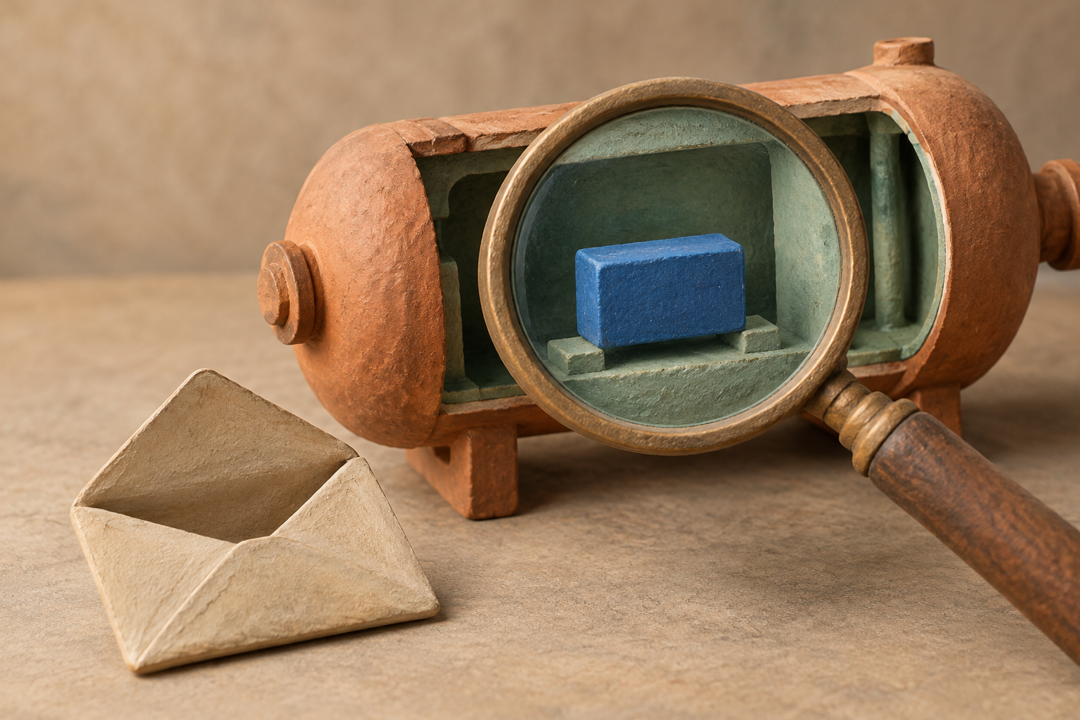 A magnifying glass enlarges a blue token inside a cutaway cylinder beside a blank open envelope.