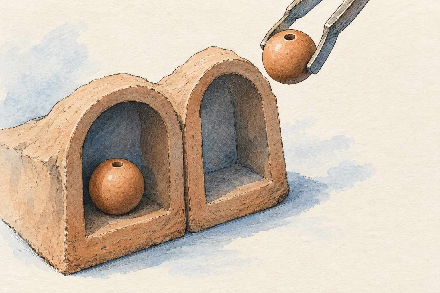 Two sage clay niches, one holding a terracotta bead and the other with its bead lifted out.