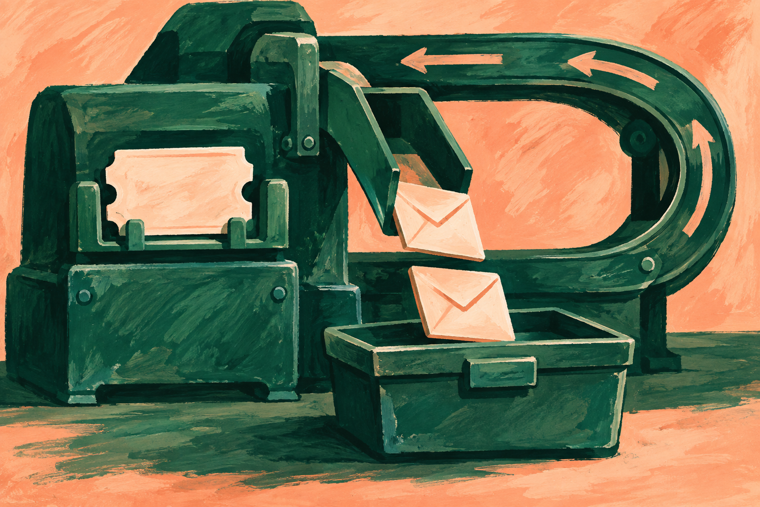 A mechanical dispenser holds one card while two envelope-shaped tiles collect beneath a separate chute.