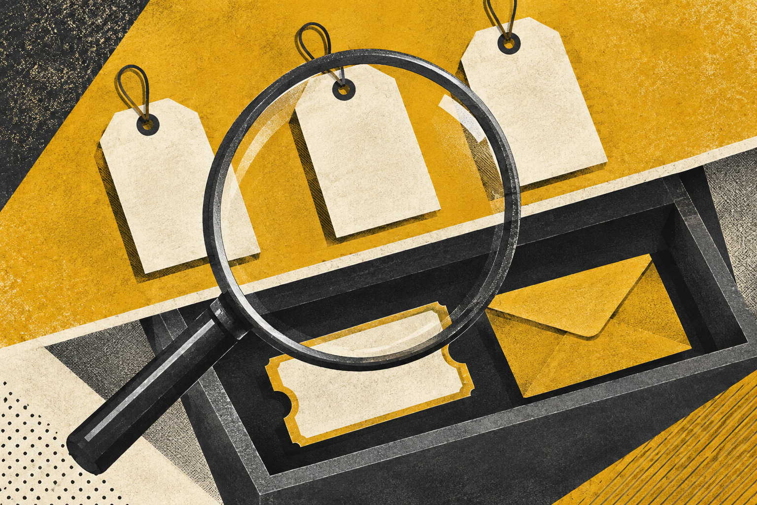 A large lens spans matching blank tags and an open compartment holding one card and one envelope.