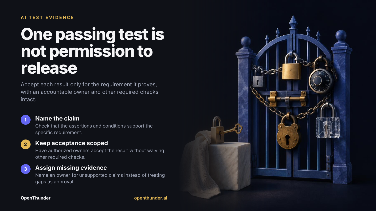 Summary slide: One passing test is not permission to release Name the claim. Keep acceptance scoped. Assign missing evidence.