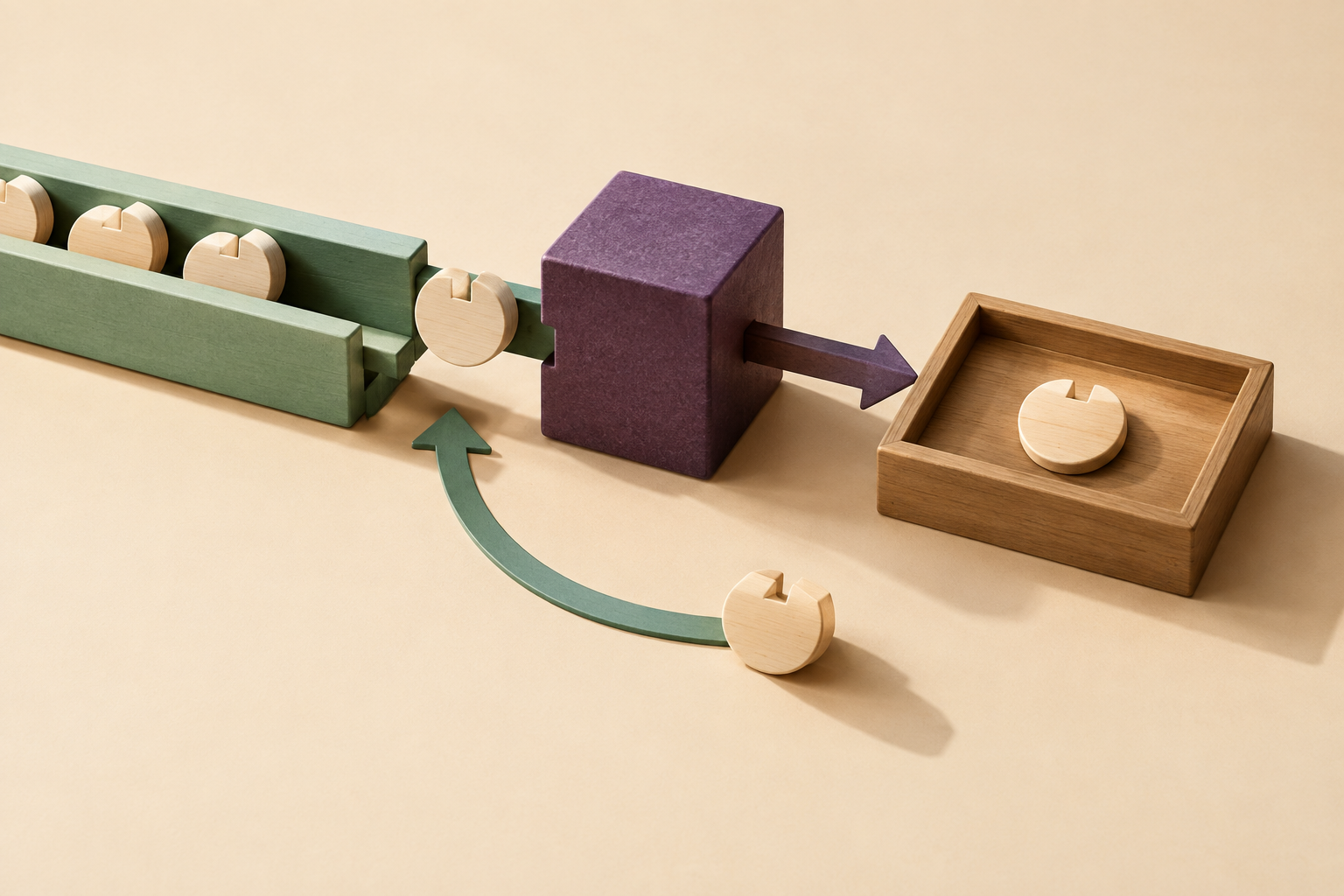 A queue feeds a token into a block beside a tray holding one disk; a broken return arrow and matching token indicate interrupted acknowledgment and redelivery.