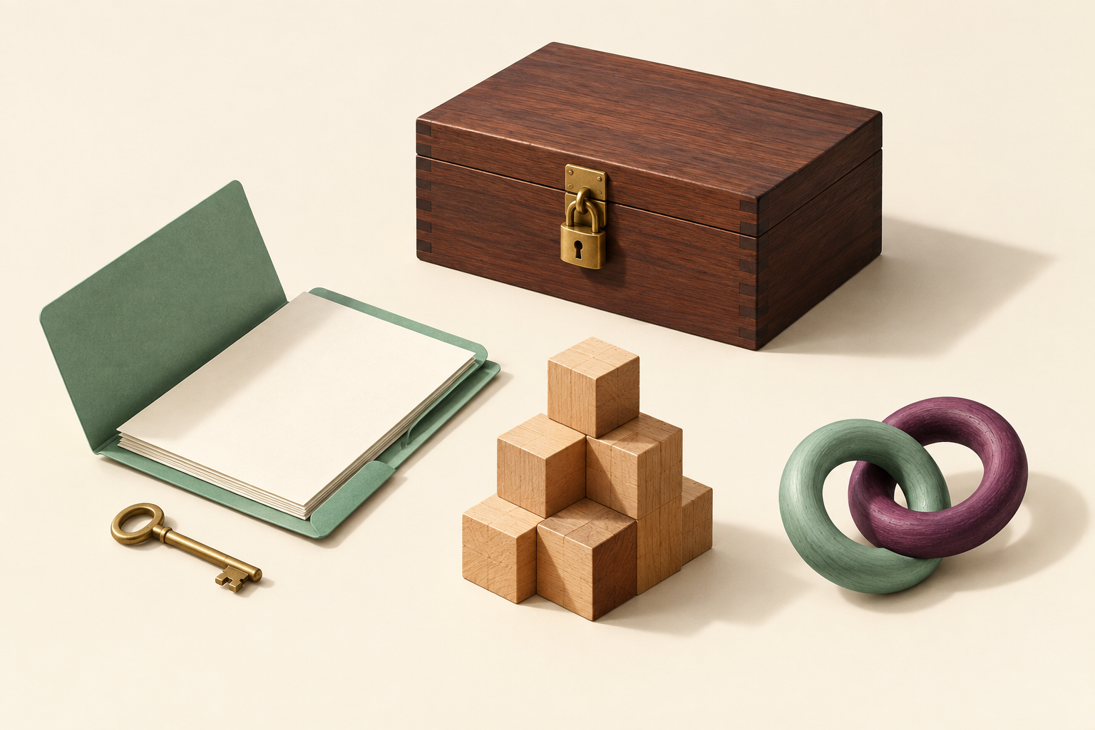 A locked wooden box behind an open folder with a key, assembled wooden blocks, and two interlocking rings.