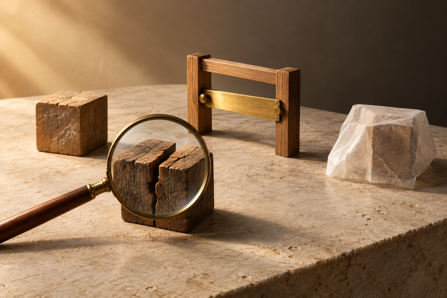 A magnifying glass rests over a split wooden block before a closed brass barrier, beside scuffed and partly covered blocks.