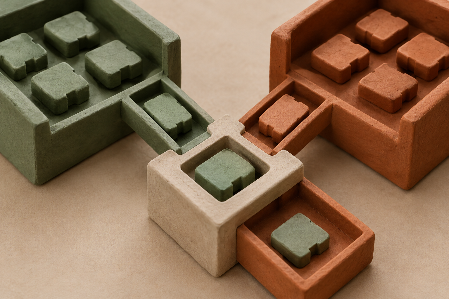Sage and terracotta clay enclosures connect to one shared cubby, with a sage tile in the terracotta receiving tray.