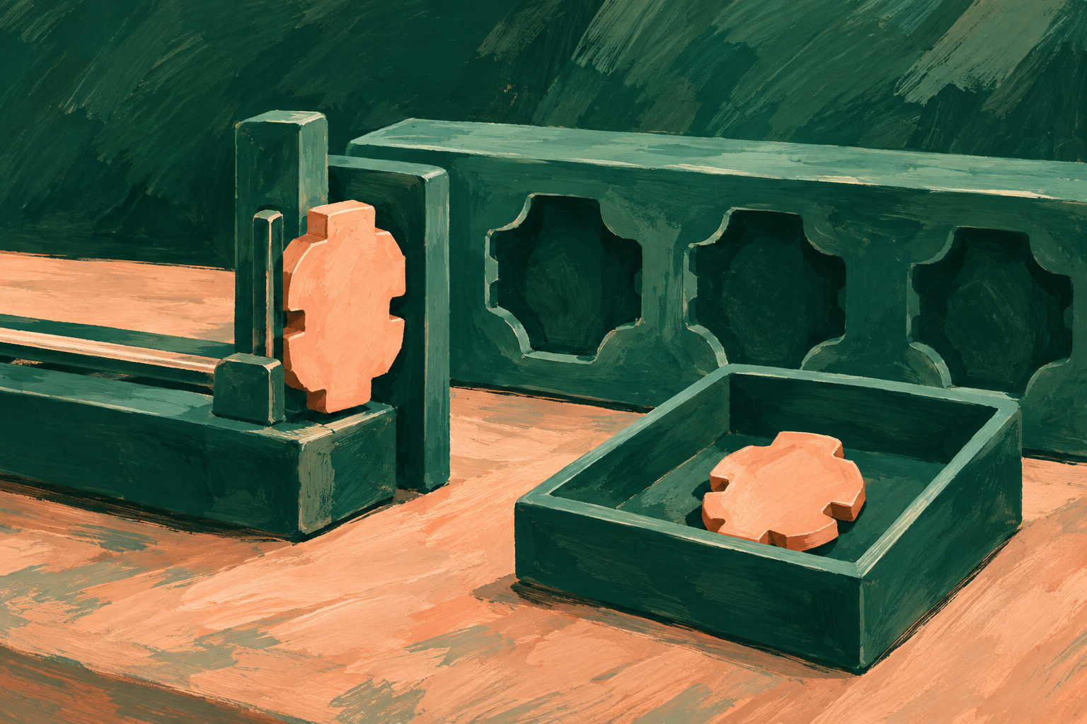 A green sorting gate holds a notched peach token, with a matching shape in a rack and another token in a tray.