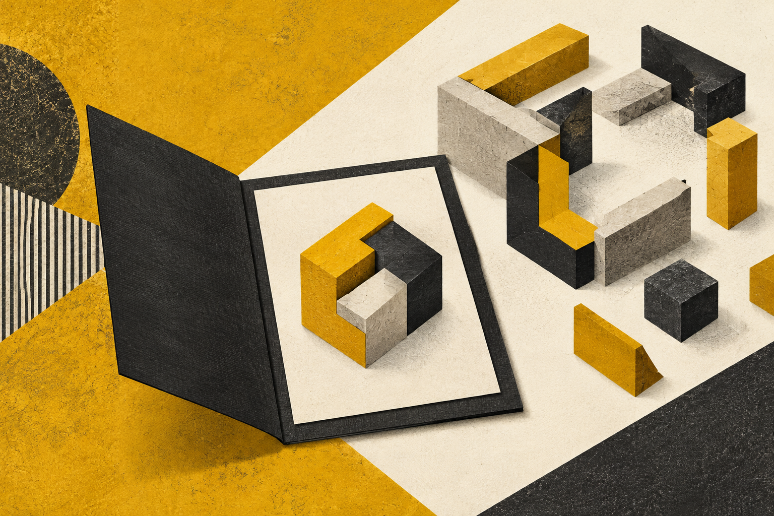 An open portfolio frames an assembled geometric component beside loose pieces of an unfinished structure.
