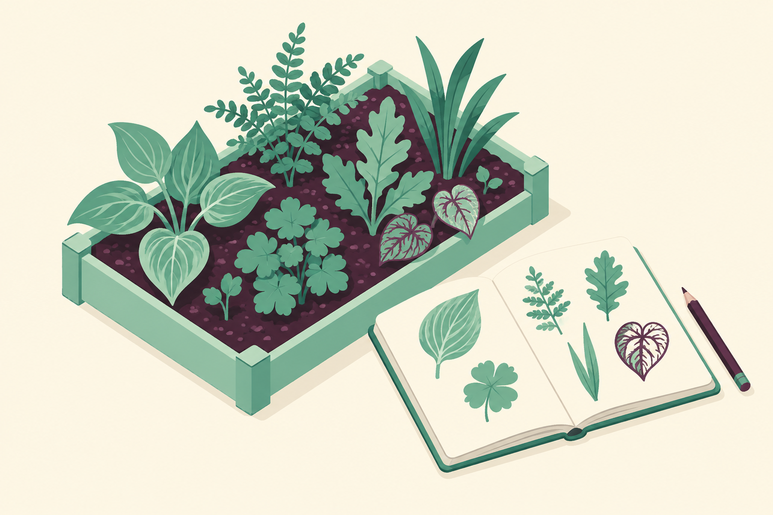 Isometric garden patch with differently shaped leaves beside a sketchbook of leaf outlines and a pencil.