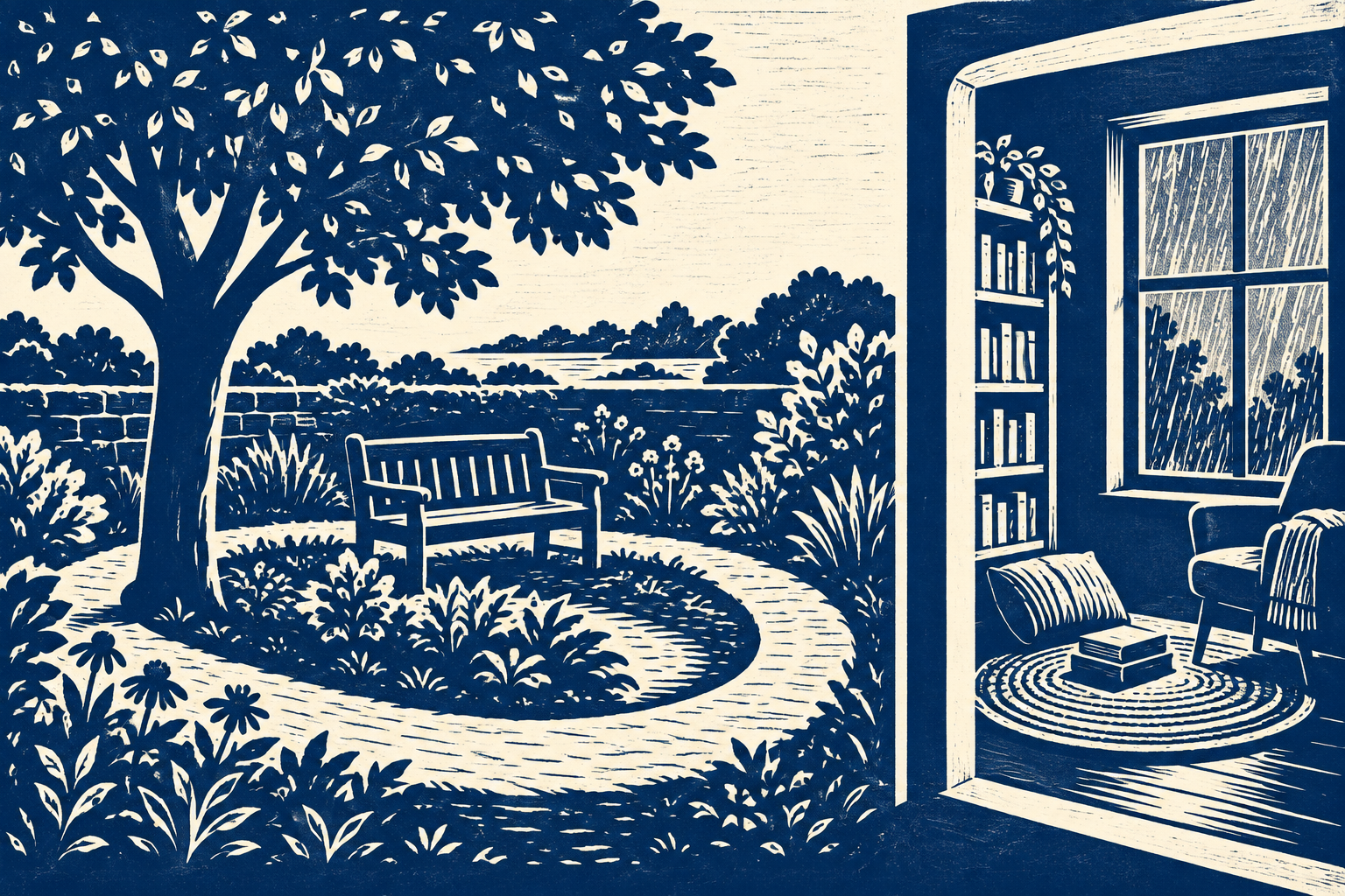 Woodcut-style garden with a short looping path beside a separate indoor reading alcove.