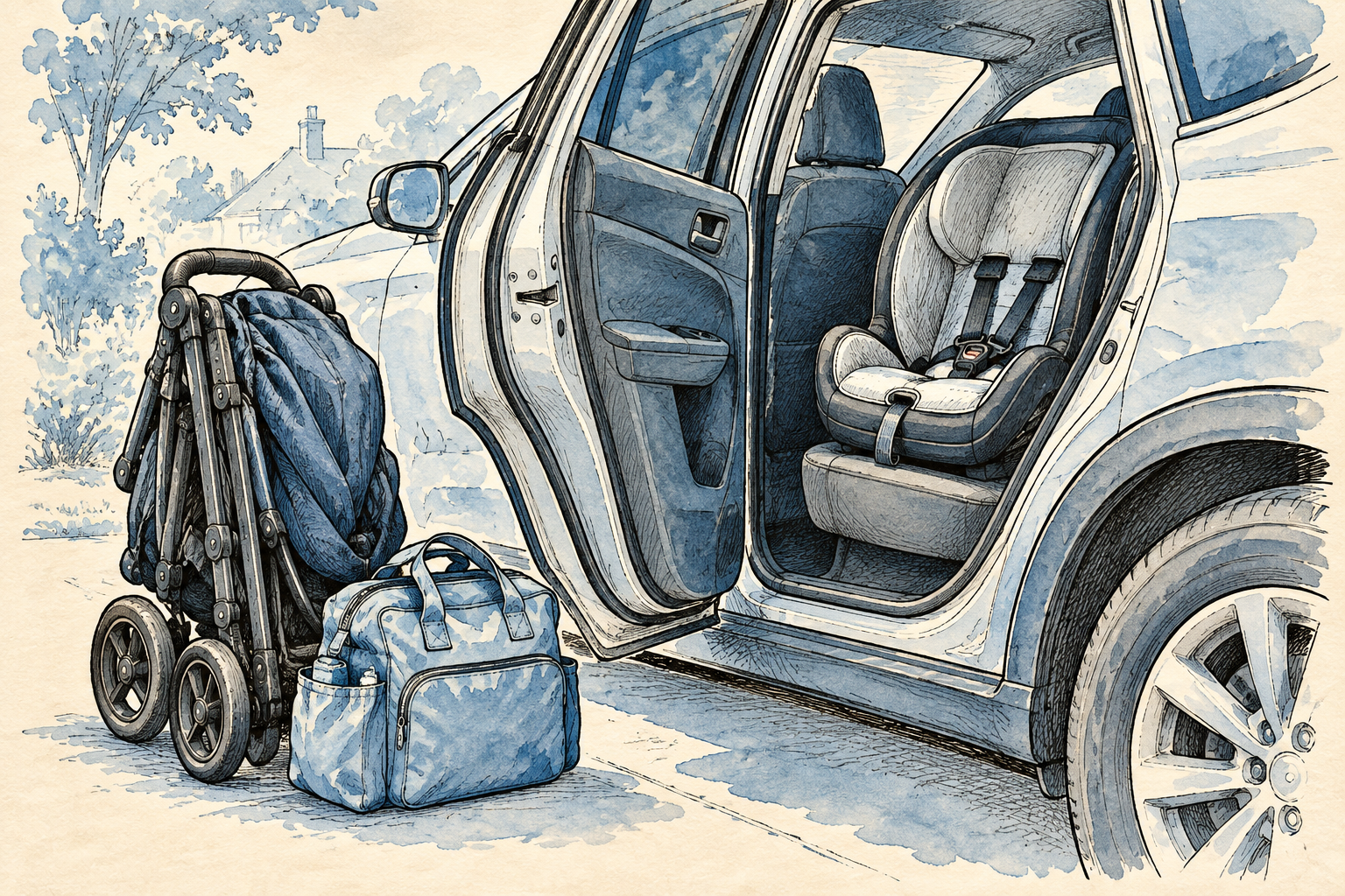 An open car door reveals an empty child safety seat, with a folded stroller and bag beside the car.