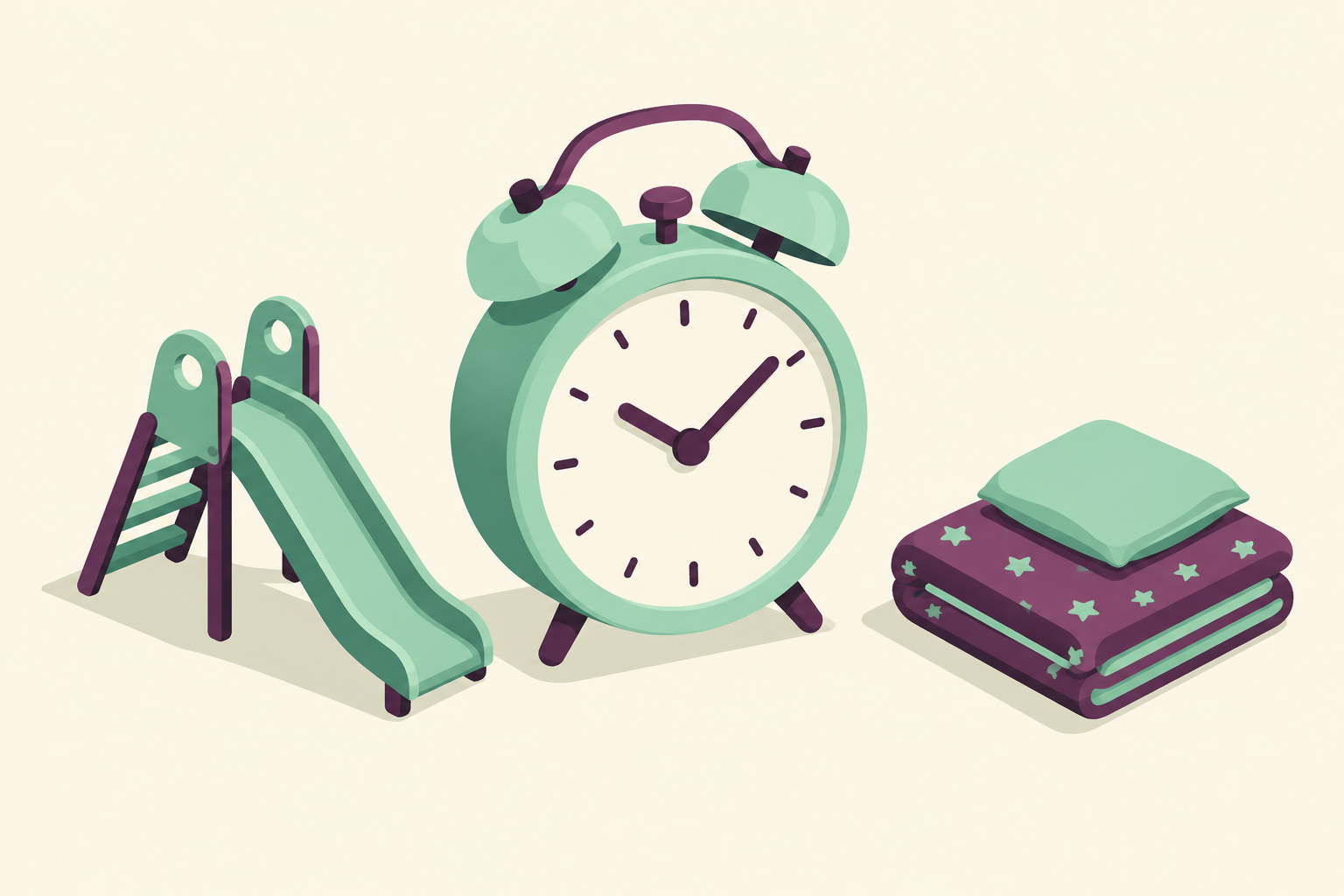 An unnumbered alarm clock between a miniature playground slide and a folded blanket with a pillow.