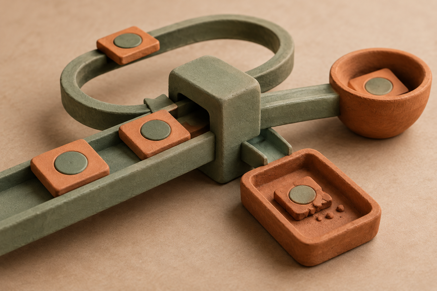Matching clay tiles approach a processing block beside a return loop, an inspection tray, and a destination bowl.
