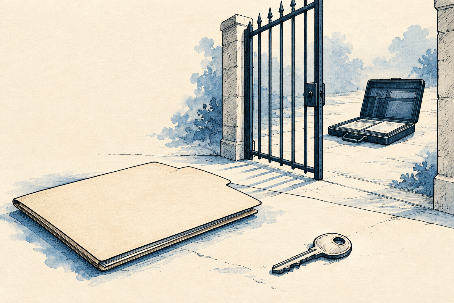 An unmarked folder beside a closed gate, with a key in the foreground and an open portfolio case beyond.