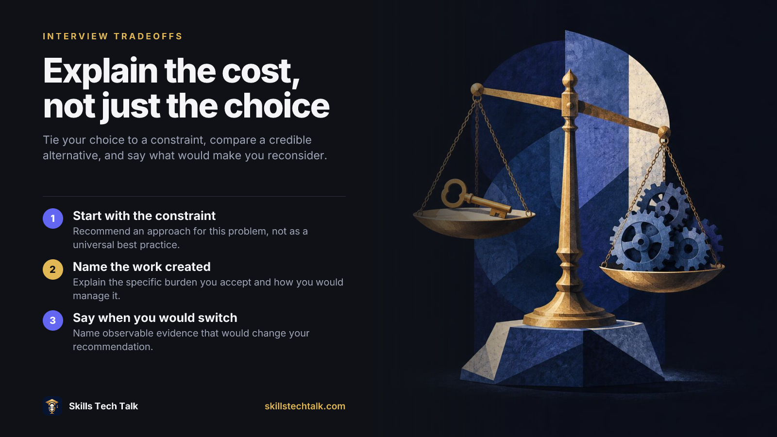 Summary slide: Explain the cost, not just the choice Start with the constraint. Name the work created. Say when you would switch.