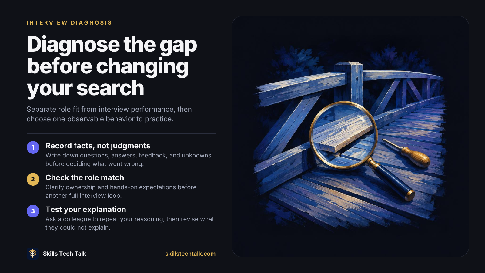 Summary slide: Diagnose the gap before changing your search Record facts, not judgments. Check the role match. Test your explanation.