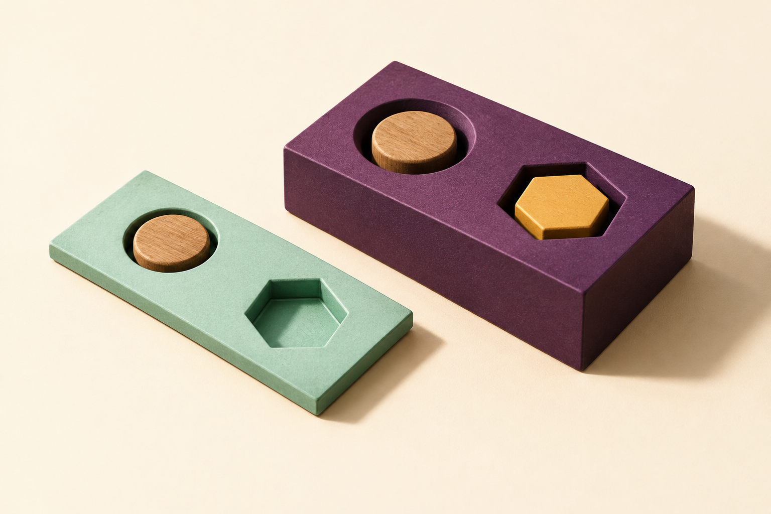 A mint tile has a circular insert and an empty hexagonal recess beside an aubergine block containing both shapes.