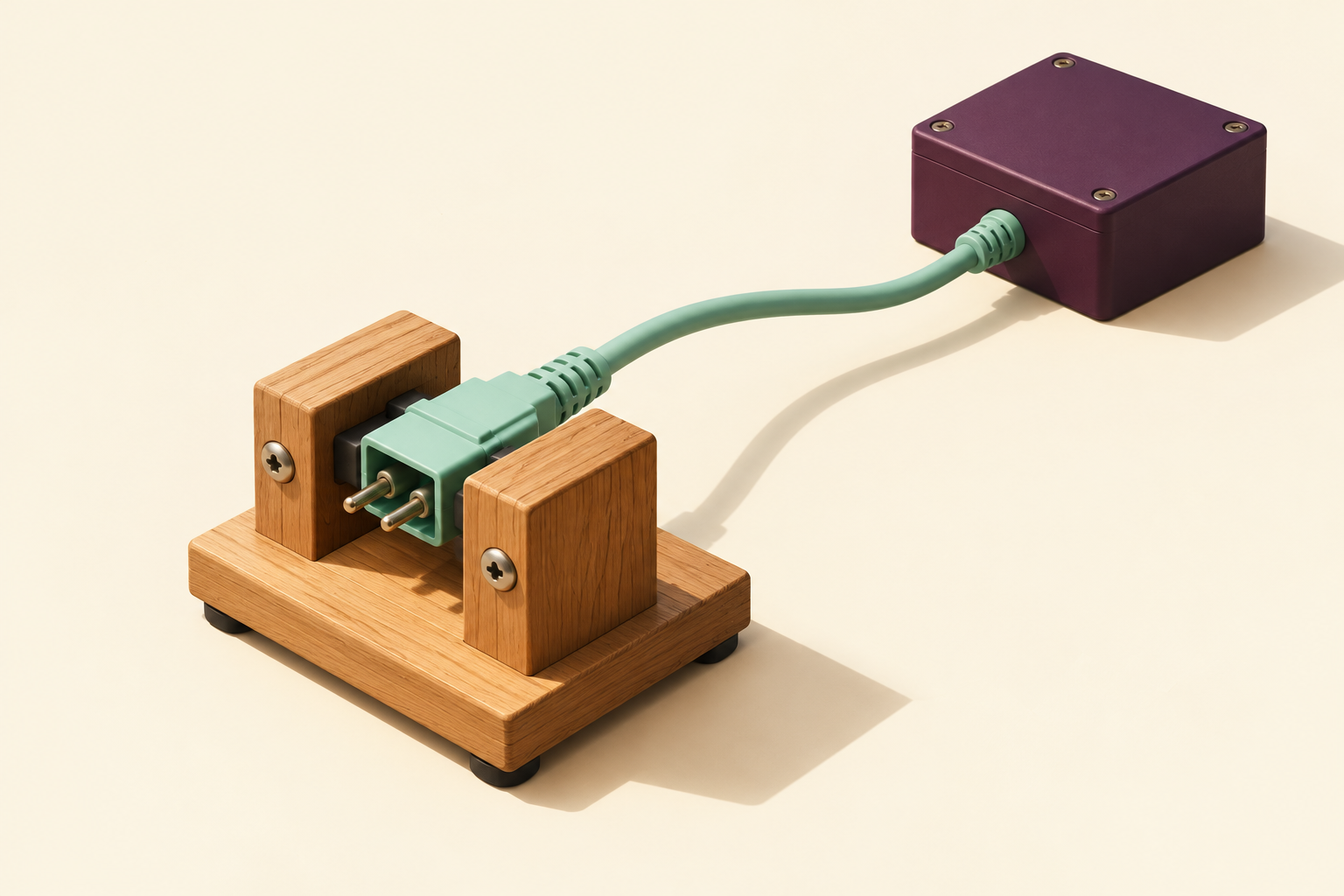 A two-pin mint connector rests in a wooden jig, with a cable leading toward a closed aubergine box.