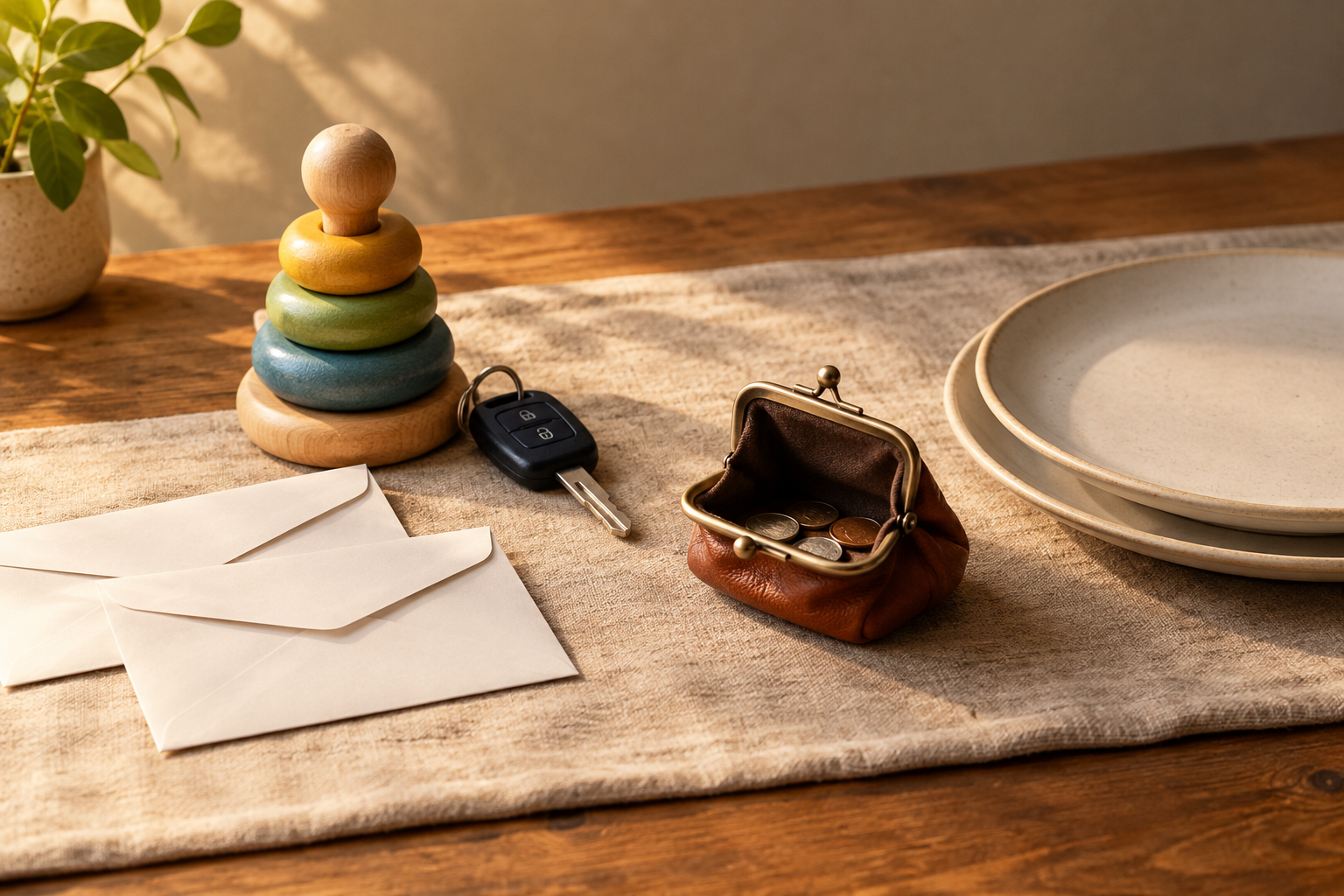 Blank envelopes beside a wooden toy and car key, with an open coin purse near two dinner plates.