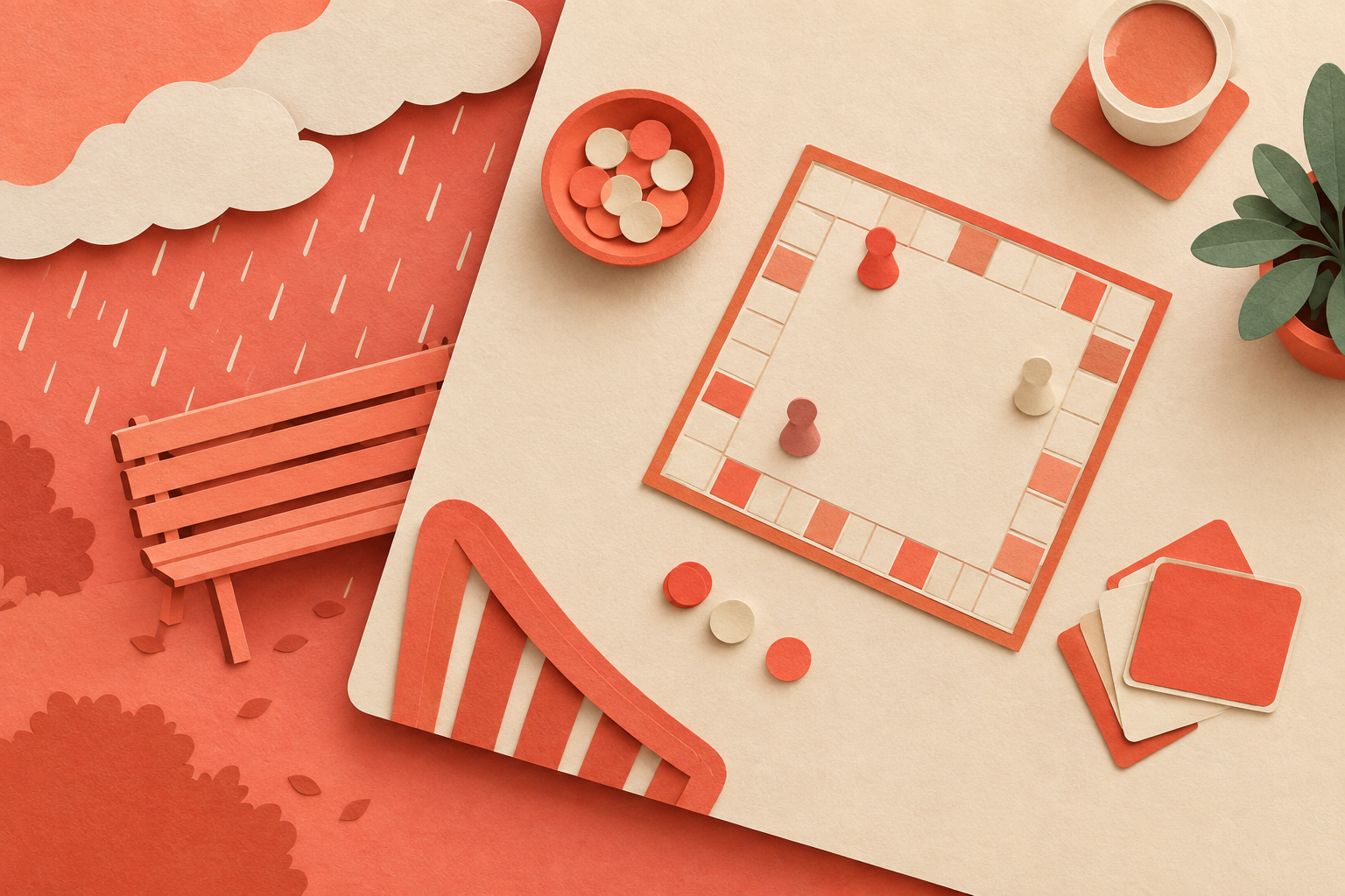 A paper indoor game scene overlaps a park bench scene beneath rain clouds.