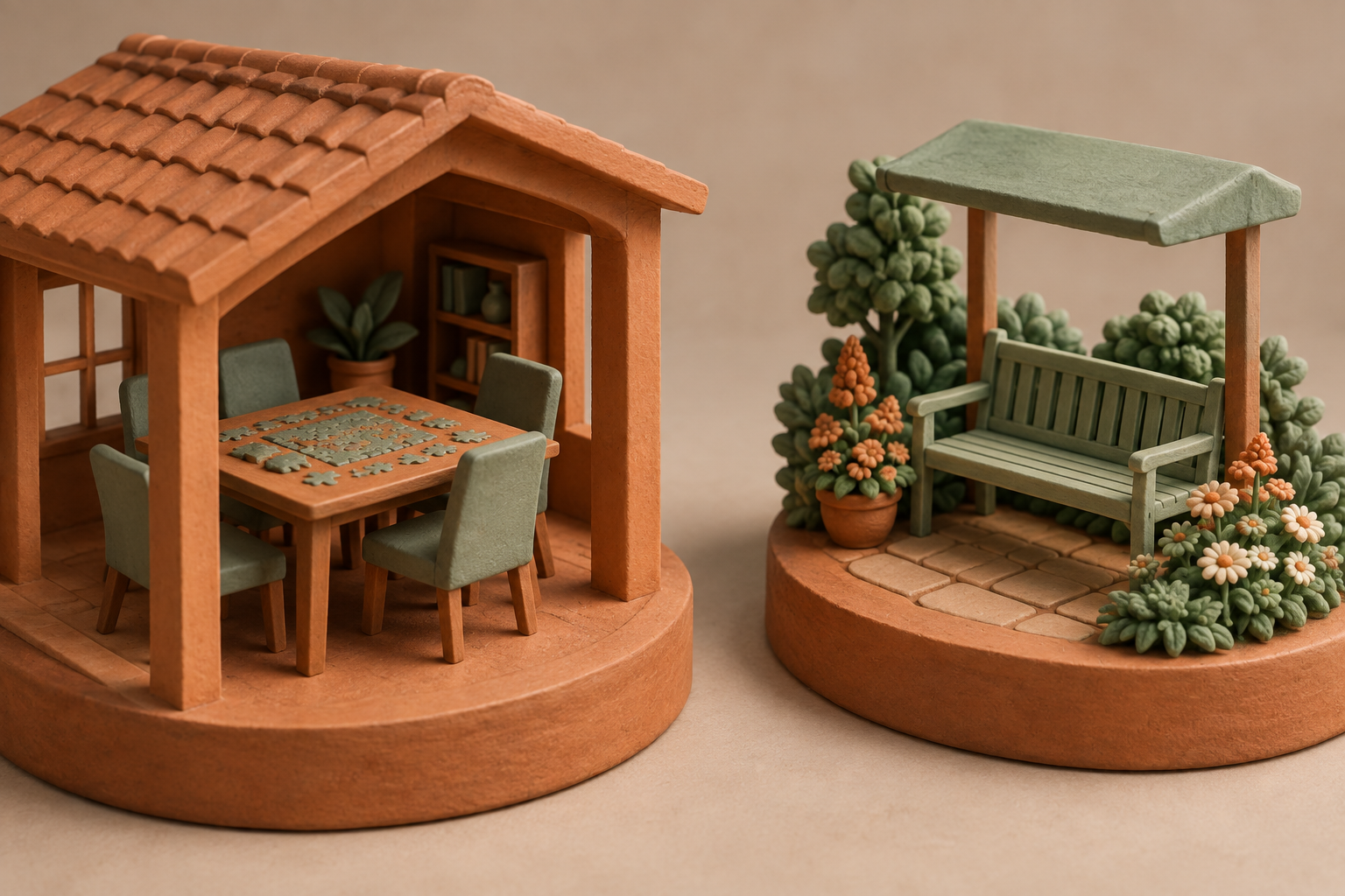 Clay miniatures of an indoor puzzle table and a garden bench on separate plinths.