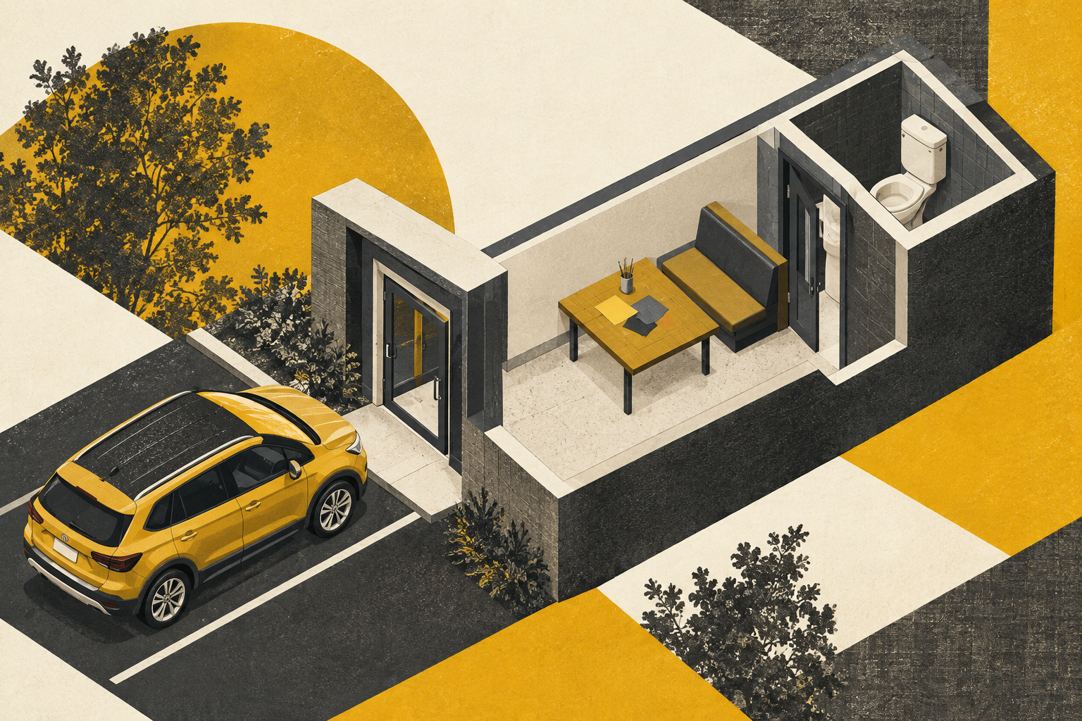 Cutaway building with a car outside, a short entrance passage, an activity table, a backed chair and an adjacent toilet.