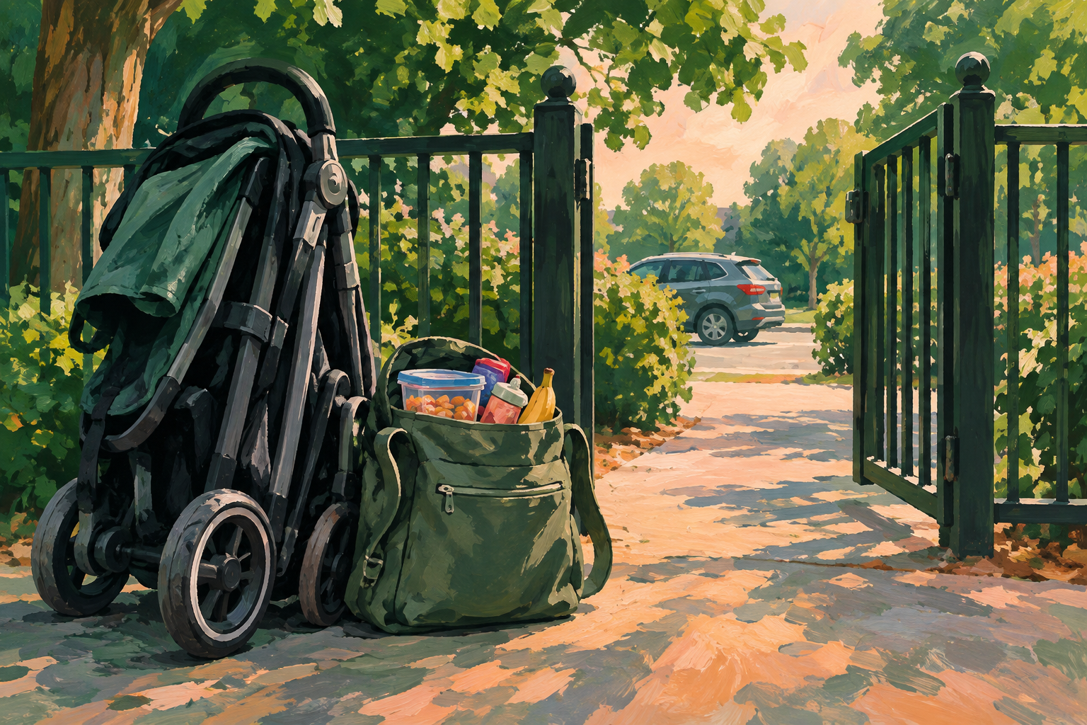 Folded stroller and packed bag beside a park gate, with a car beyond the path.