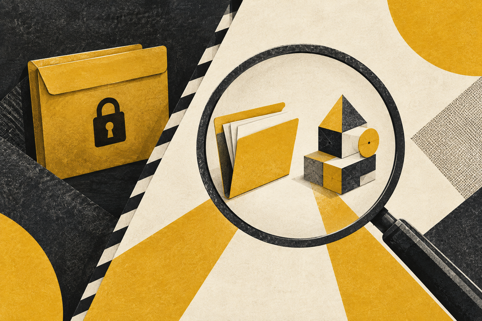 A locked folder sits behind a boundary while an open folder and geometric construction meet beneath a magnifying glass.