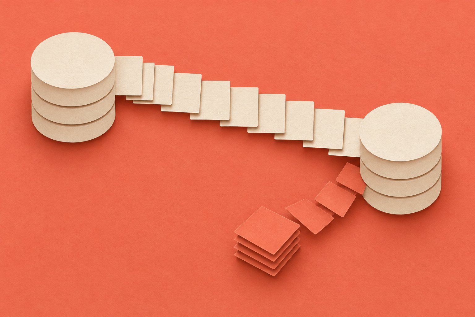 Two paper database cylinders share matching cream tiles; additional coral tiles appear only beside the destination cylinder.