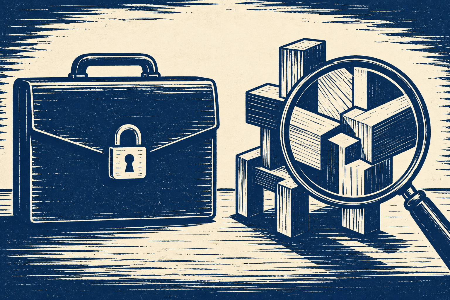 A locked document case beside interlocking blocks, with a magnifying glass enlarging their joints.