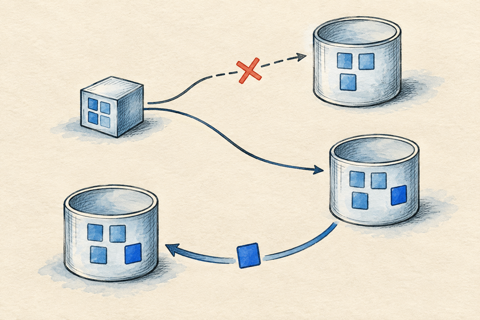 An application block connects to two cylindrical stores; one path breaks, and a blue tile follows a return arrow.