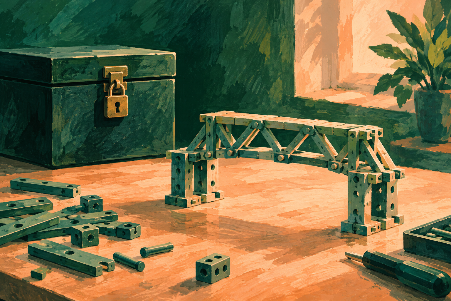 A locked archive box beside an open workbench holding a bridge made from interlocking components.