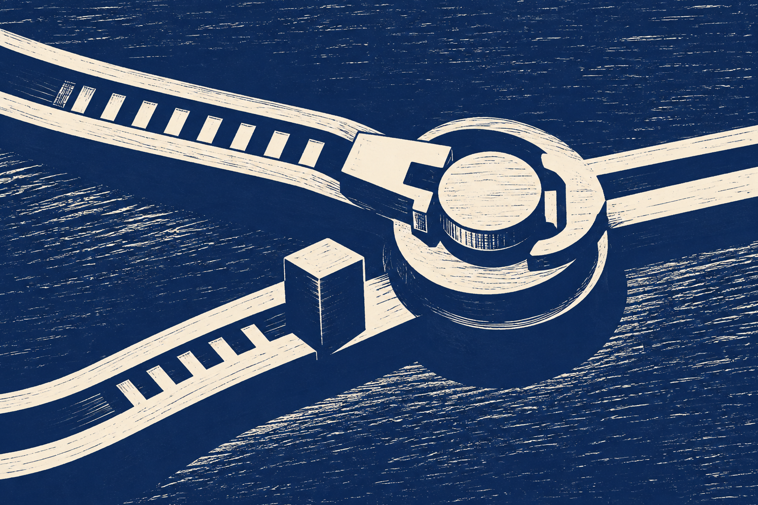 Two tracks converge on one token in a single-slot latch, with a stop blocking one approach.