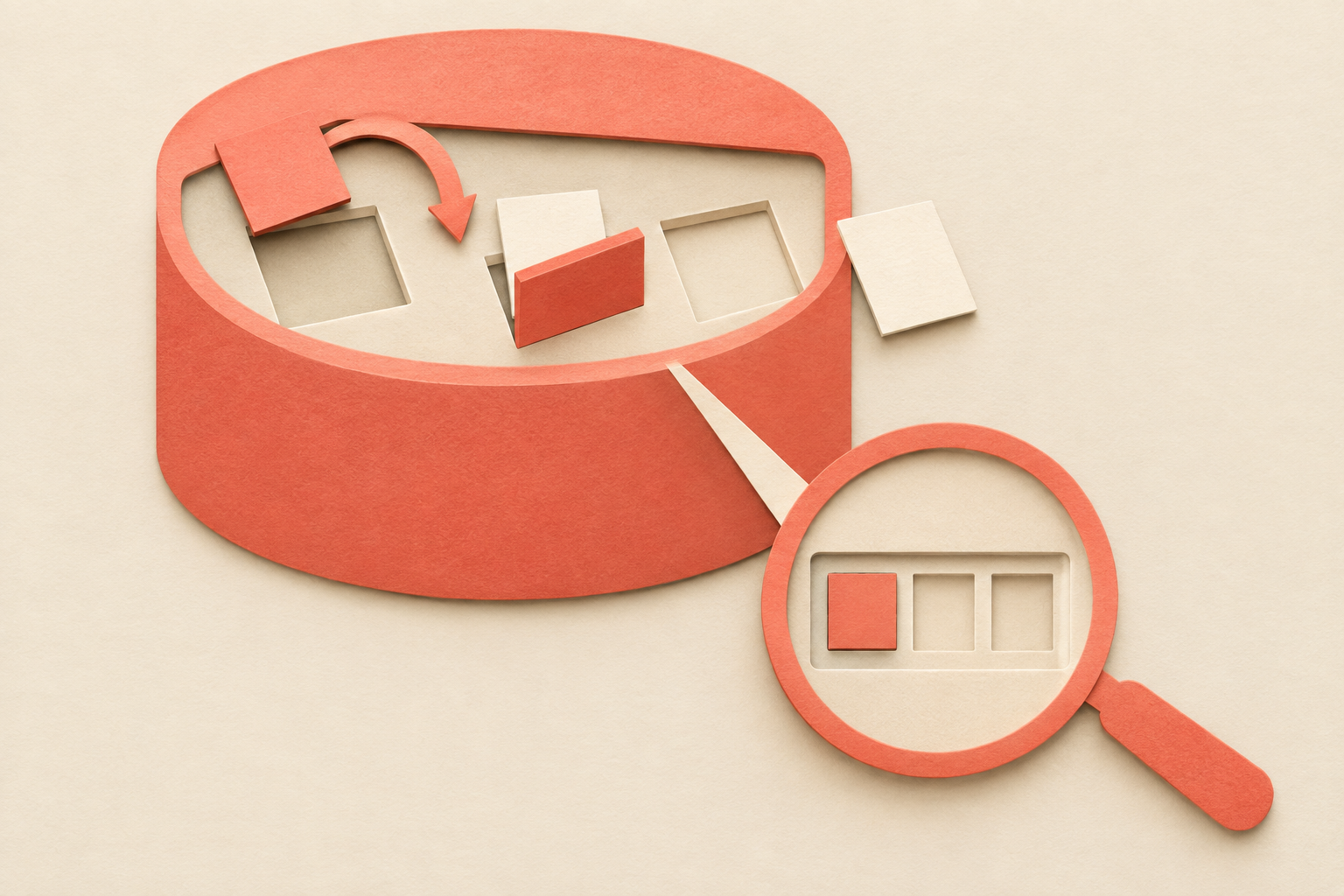 Paper arrow returns a square to its recess beside a blocked slip; a separate magnifying glass overlooks a square and two empty slots.