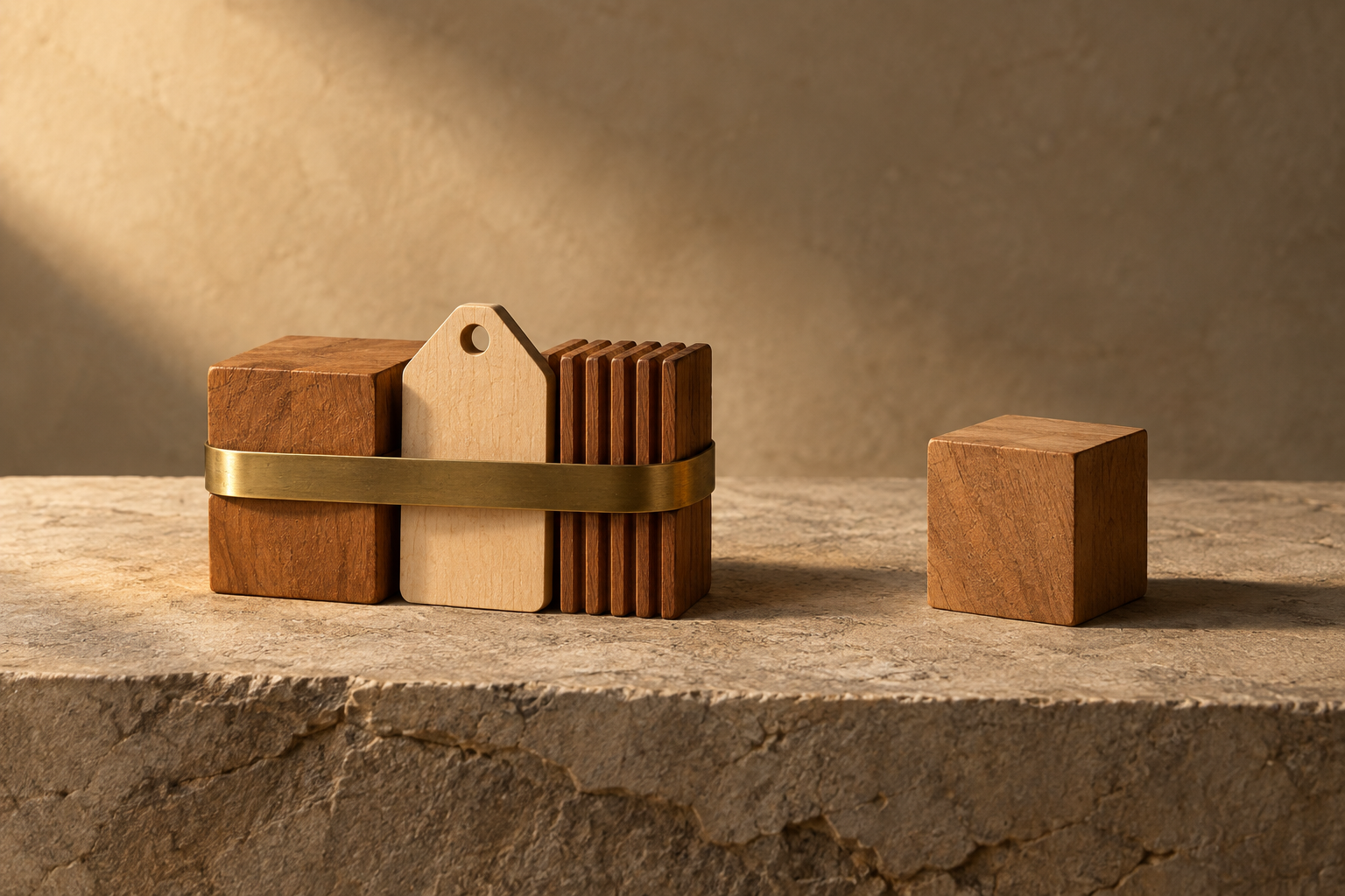 Three wooden shapes bound by a brass band on a stone slab beside an empty pedestal.