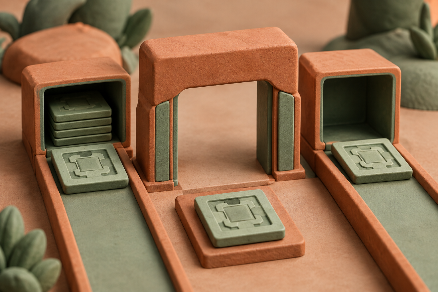 Two patterned clay tiles on separate tracks face a gate with a matching template, beside filled and empty cubbies.