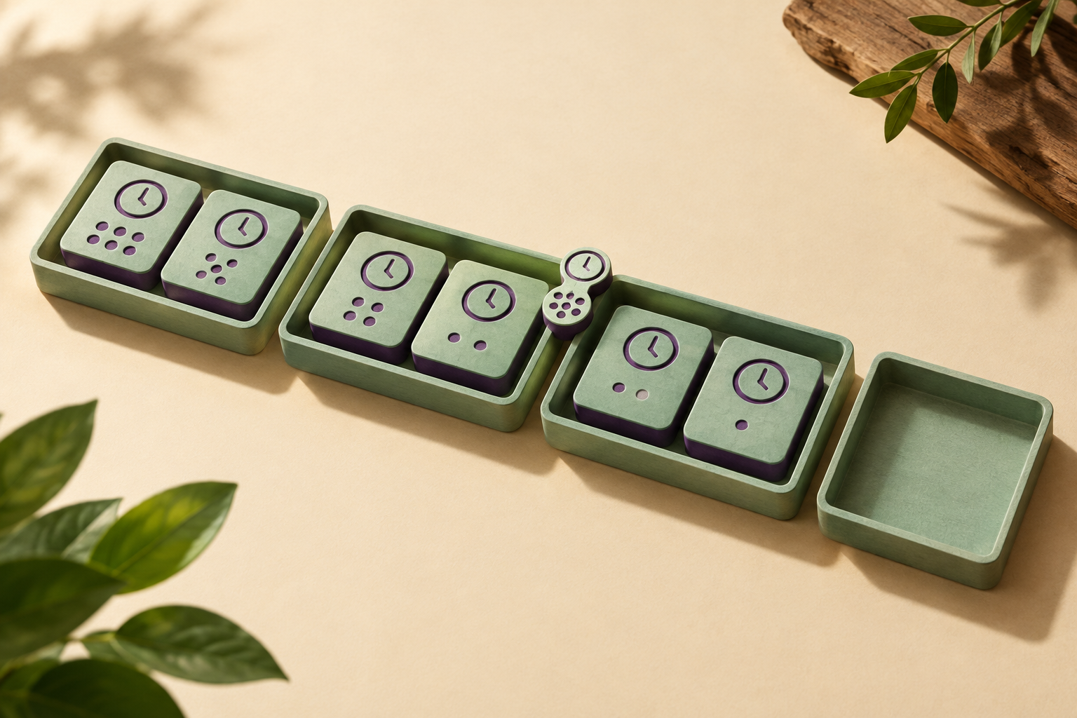 Six tiles with identical clock faces and descending pip counts fill three trays; a fourth tray is empty.
