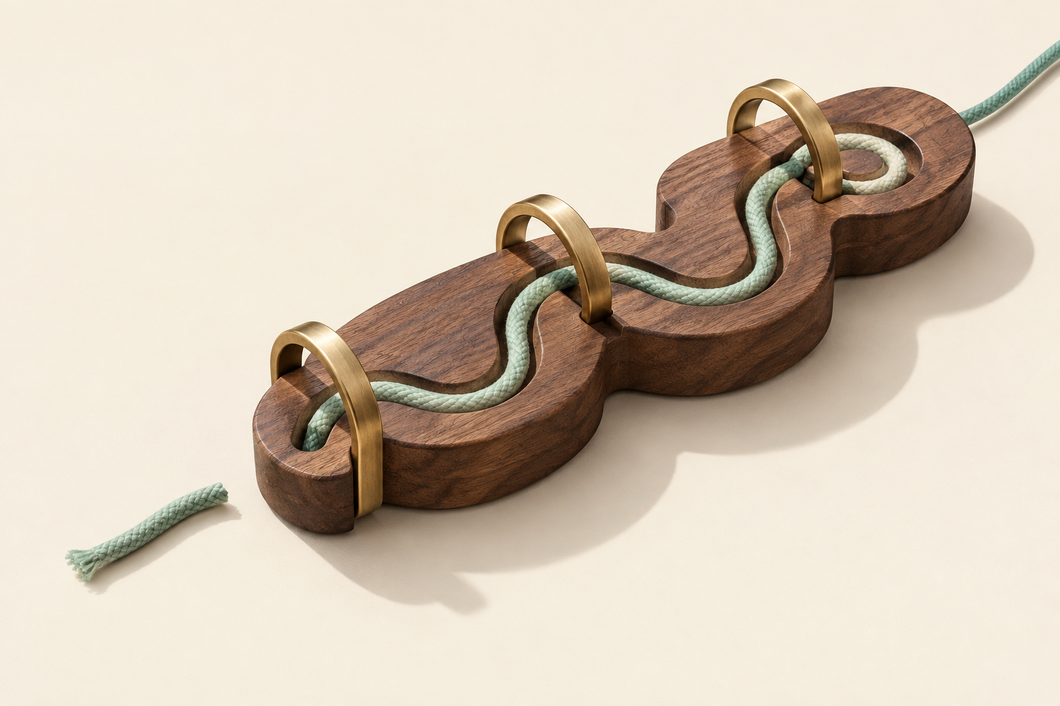 Linen cord follows a winding groove through three brass hoops on walnut, with a short cord fragment beside it.