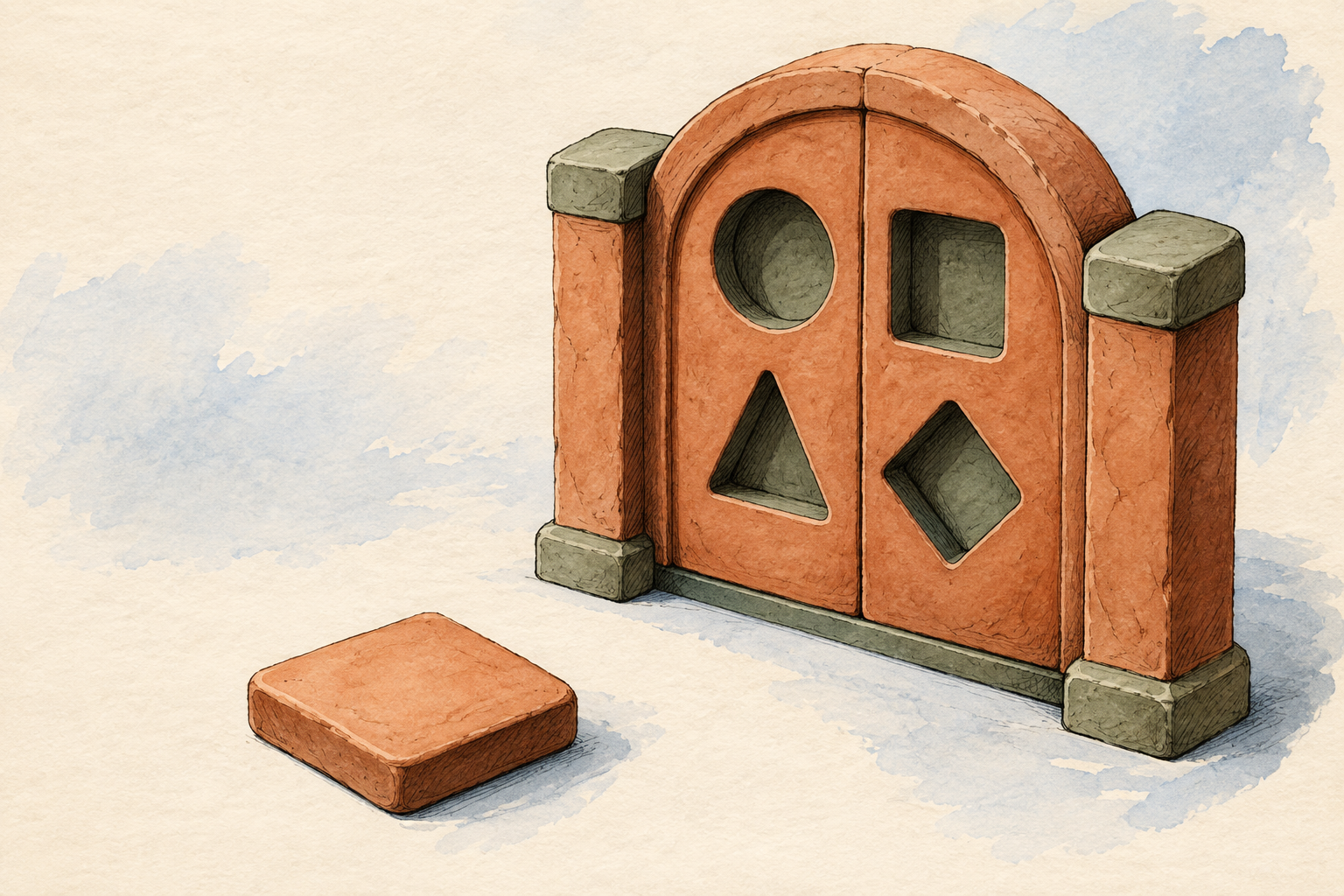 A clay tile waits outside a closed gate with four differently shaped recesses.