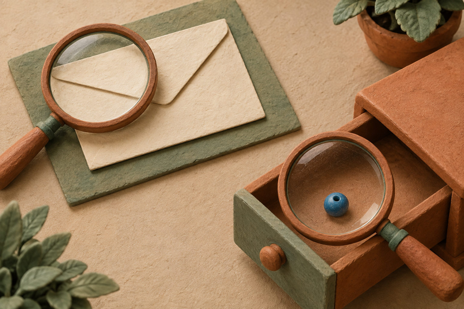 Two magnifying glasses separately inspect a blank envelope and an open drawer holding a blue bead.